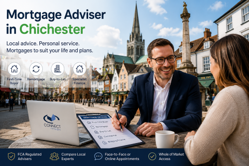 Mortgage adviser in Chichester, West Sussex, helping a client compare mortgage options with Chichester Cathedral and city centre in the background.