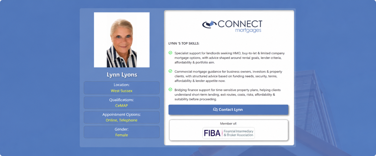 Lynn Lyons, mortgage adviser in West Sussex, profile card showing CeMAP qualification, online and telephone appointments, and specialist mortgage support. Mortgage Adviser in Chichester