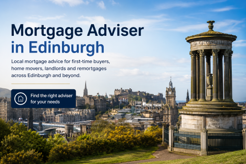 Mortgage adviser in Edinburgh hero image showing the city skyline, Calton Hill monument and local mortgage advice message.