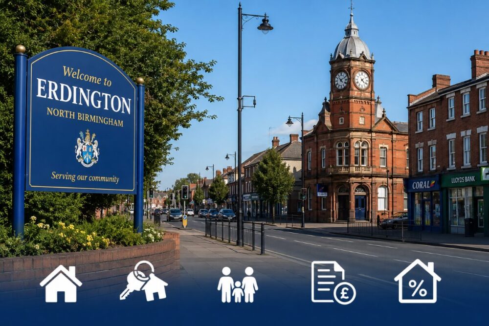 Mortgage Adviser in Erdington hero image showing a welcoming Erdington sign, a prominent local clock tower, and a clear daytime view of the town centre in North Birmingham.