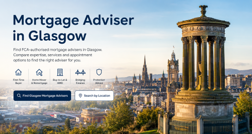 Mortgage adviser in Glasgow hero image showing the city skyline, local landmarks and mortgage service icons for first-time buyers, remortgages, buy-to-let, bridging finance and protection advice.