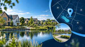 Mortgage Adviser in Hampton – modern Cambridgeshire homes with waterside setting, location map and property icons.