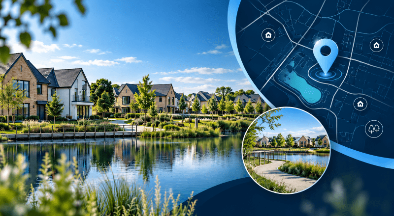 Mortgage Adviser in Hampton – modern Cambridgeshire homes with waterside setting, location map and property icons.
