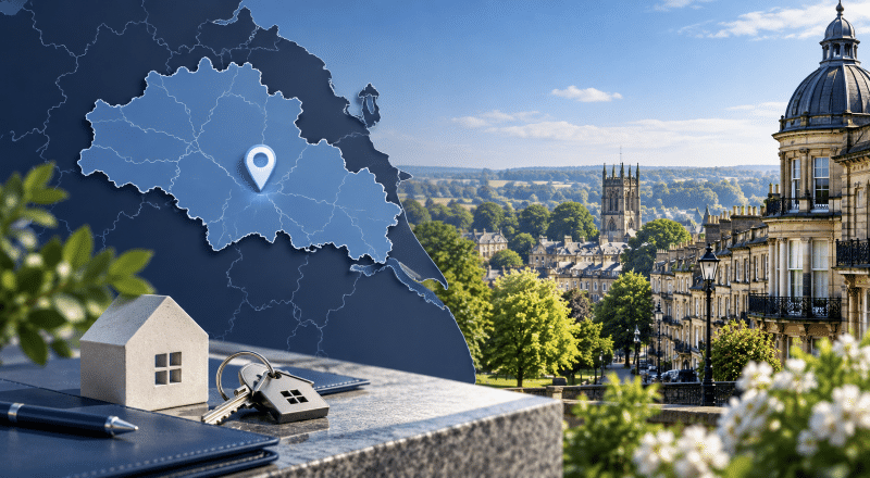 Mortgage Adviser in Harrogate location map with house keys and a North Yorkshire property scene.
