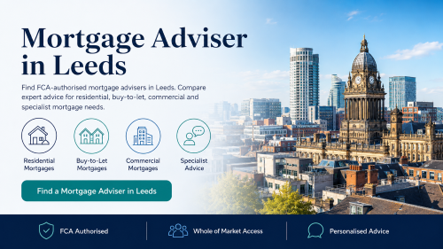 Mortgage adviser in Leeds hero image with Leeds skyline, residential mortgages, buy-to-let mortgages, commercial mortgages and specialist advice