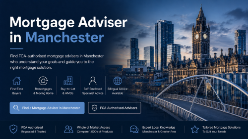 Mortgage adviser in Manchester hero image showing Manchester Town Hall and city skyline with branded blue tones, mortgage service icons and adviser search call to action.