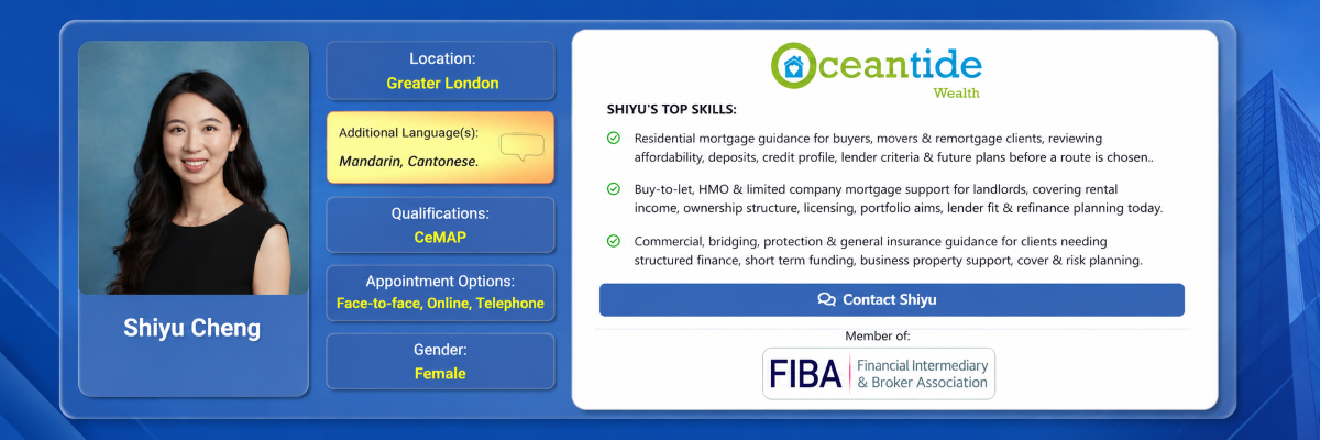Shiyu Cheng mortgage adviser profile card showing her photo, Greater London location, Mandarin and Cantonese language support, CeMAP qualification, appointment options, and mortgage advice skills.