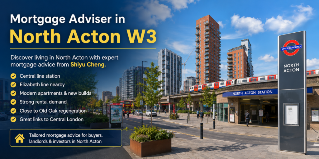 Mortgage Adviser in North Acton W3 - Discover Living in North Acton hero image showing North Acton station, modern apartments, transport links, and mortgage advice from our brokers.