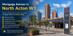Mortgage Adviser in North Acton W3 - Discover Living in North Acton hero image showing North Acton station, modern apartments, transport links, and mortgage advice from our brokers.