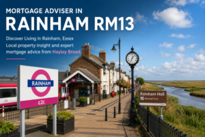 Mortgage adviser in Rainham RM13 hero image showing Rainham railway station, local streets, Rainham Hall, marshland, and mortgage advice from Hayley Broad.