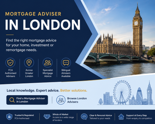 Mortgage adviser in London hero image showing Westminster and London skyline with icons for FCA authorised advisers, Greater London coverage, specialist mortgage advice, and bilingual support.