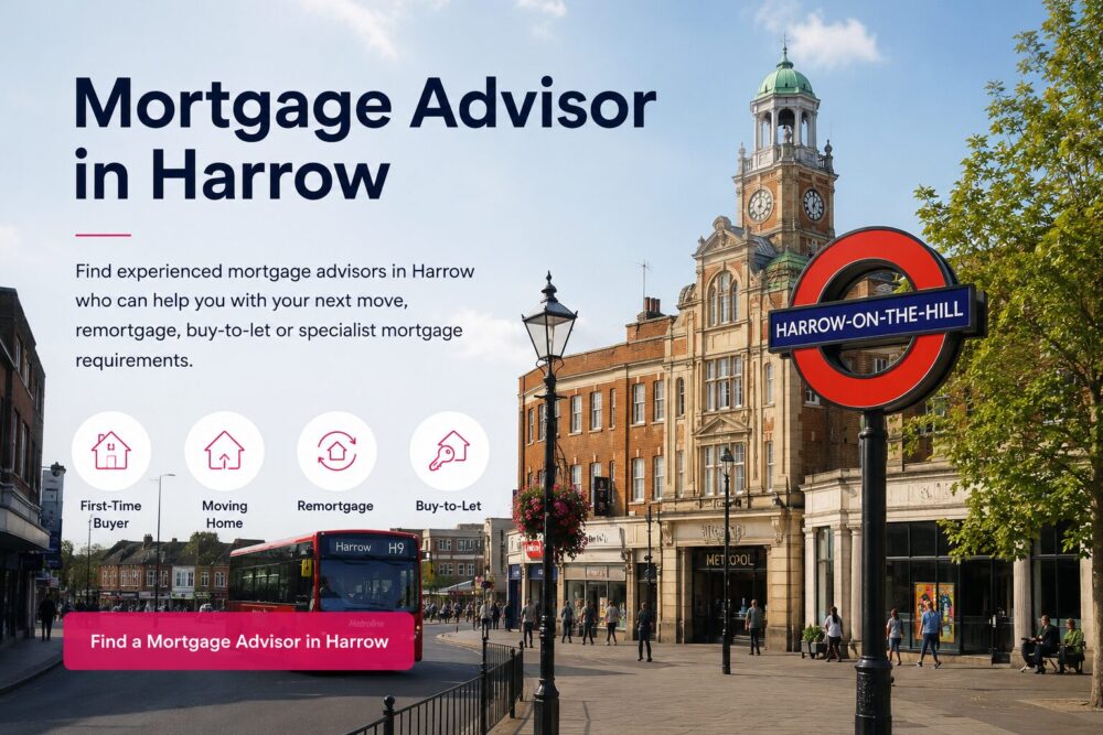 Mortgage Advisor in Harrow hero image with Harrow-on-the-Hill station sign, local street scene and mortgage icons for first-time buyers, moving home, remortgage and buy-to-let.