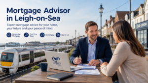 Mortgage advisor in Leigh-on-Sea meeting a client near Old Leigh with a c2c train and coastal homes in the background.