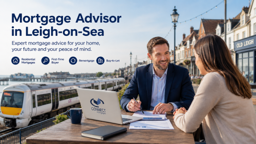 Mortgage advisor in Leigh-on-Sea meeting a client near Old Leigh with a c2c train and coastal homes in the background.