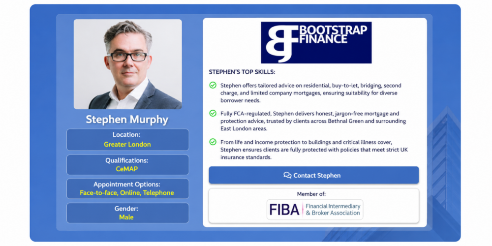 Mortgage Broker in Bethnal Green E2 Stephen Murphy adviser profile with mortgage services and client contact details.
