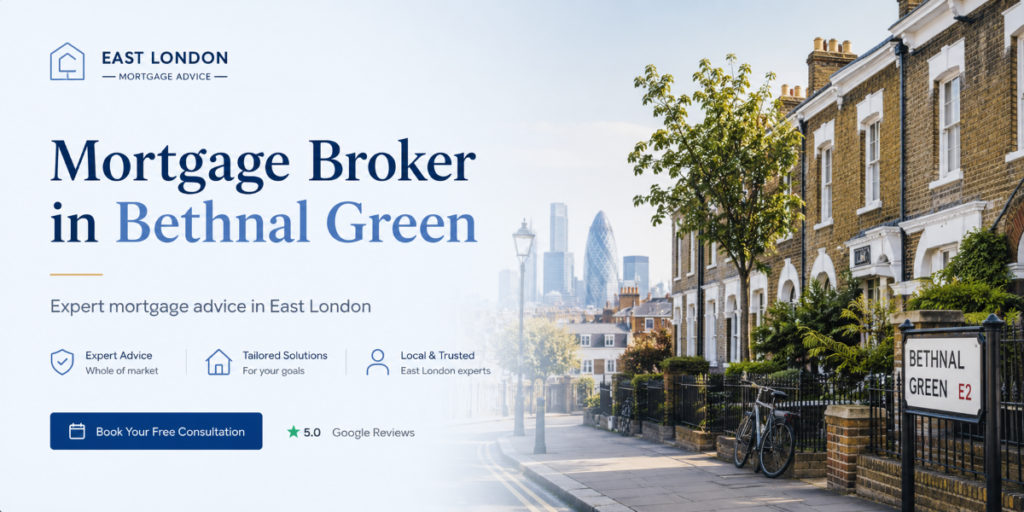 Mortgage broker in Bethnal Green E2 hero image showing East London homes and local mortgage advice from Stephen Murphy.