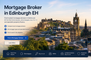 Mortgage Broker in Edinburgh EH hero image showing Edinburgh skyline, Edinburgh Castle and city landmarks with mortgage adviser search options.