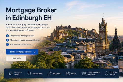 Mortgage Broker in Edinburgh EH hero image showing Edinburgh skyline, Edinburgh Castle and city landmarks with mortgage adviser search options.