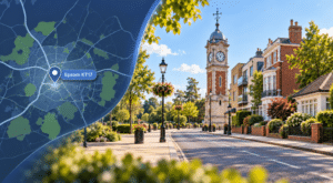 Mortgage Broker in Epsom KT17 hero image featuring the Epsom Clock Tower, local homes and an Epsom location map.