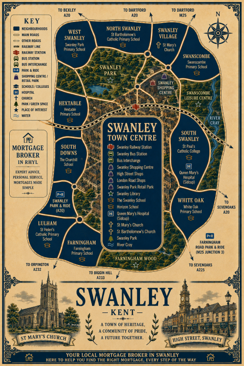 Vintage illustrated map poster of Swanley, Kent, designed for a Mortgage Broker in Swanley, with a cream parchment background and dark navy neighbourhood areas centred on Swanley Town Centre. The map shows labelled roads, railway line, Swanley Railway Station, Swanley Bus Station, bus interchange, park and ride, shopping centres, schools, hospital, churches, parks, green spaces and the River Cray. Surrounding areas include West Swanley, North Swanley, Swanley Village, Swanscombe, Hextable, South Downs, Lulham, Farningham, South Swanley and White Oak. Key landmarks include Swanley Shopping Centre, High Street shops, London Road shops, Swanley Park Retail Park, Swanley Library, The Swanley School, Horizon School, St Mary’s Church, St Bartholomew’s Church, Swanley Park, Farningham Wood and Queen Mary’s Hospital. A decorative lower panel reads “SWANLEY, KENT” with engraved-style illustrations of St Mary’s Church and High Street Swanley, plus the subtitle “A town of heritage, a community of pride, a future together.” The poster also includes a promotional message for a local Mortgage Broker in Swanley, offering expert advice, personal service and support with finding the right mortgage.