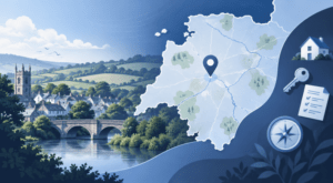 Mortgage Broker in Torrington location map highlighting the North Devon area, with countryside, local property, key and mortgage document icons.
