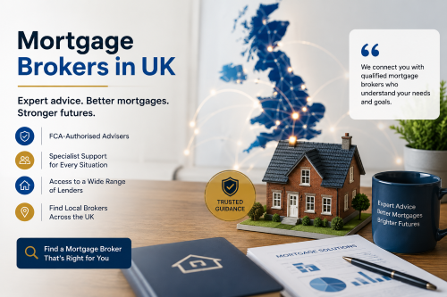 UK mortgage broker hero image showing a model home, mortgage documents, and a UK map to represent finding qualified local mortgage advisers across the UK.