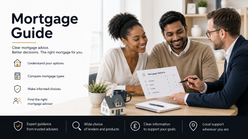Mortgage adviser explaining mortgage options to a Black woman and Indian man during a home loan consultation.