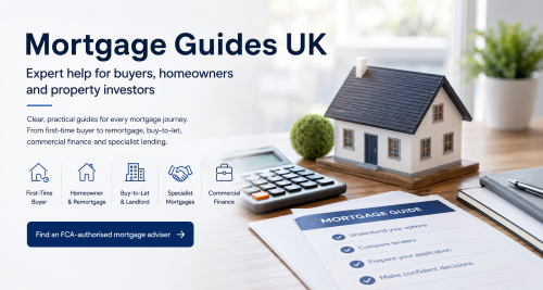 UK Mortgage Guides hero image showing a house model, calculator and mortgage documents for buyers, homeowners, landlords and property investor