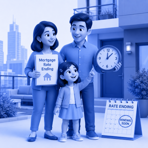 Asian family reviewing a Mortgage Rate Ending Adviser Search with a clock and renewal calendar outside a modern home.