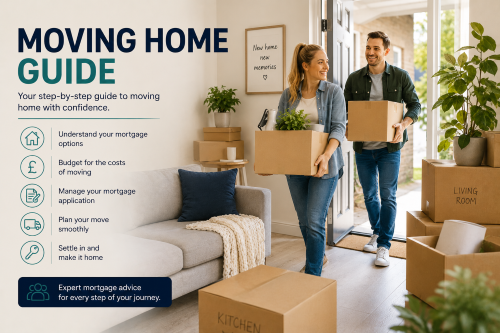 Moving home mortgage guide hero image showing a couple carrying boxes into a new home, with key steps including understanding mortgage options, budgeting for moving costs, managing the mortgage application, planning the move, and settling in.