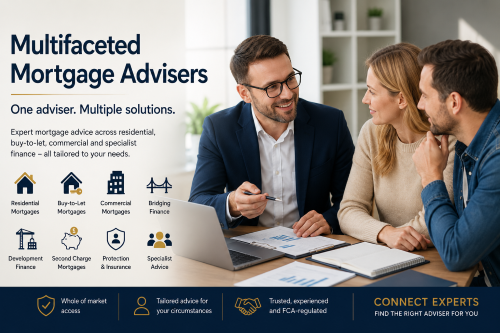 Multifaceted mortgage adviser explaining residential, buy-to-let, commercial, bridging, development finance, second charge, and protection options to clients.