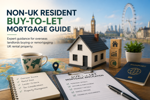 Non-UK resident buy-to-let mortgage guide hero image showing a model UK rental property, passport, mortgage application form, checklist, map, and London skyline for overseas landlords.
