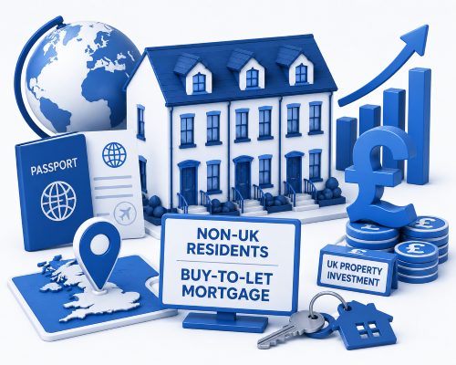 Illustration of UK property investment, passport and finance icons for a Non-UK Residents Buy-to-Let Adviser search.