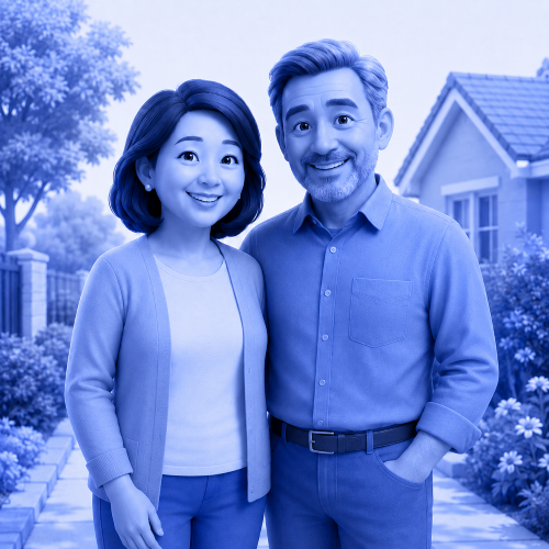 Older Borrower Mortgage Advisers for a aged 55 mixed older couple outside a family home
