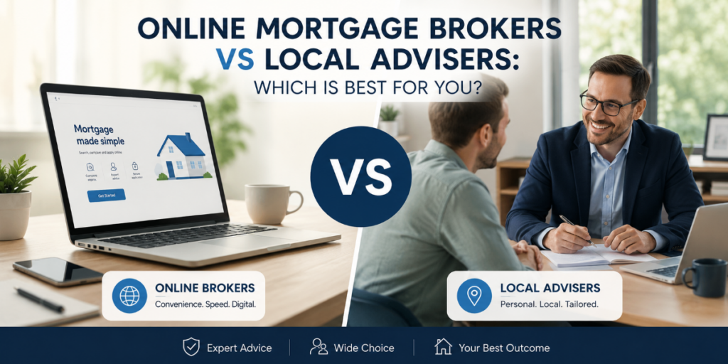 Online mortgage brokers vs local advisers comparison showing digital mortgage search and personal adviser support for UK borrowers.