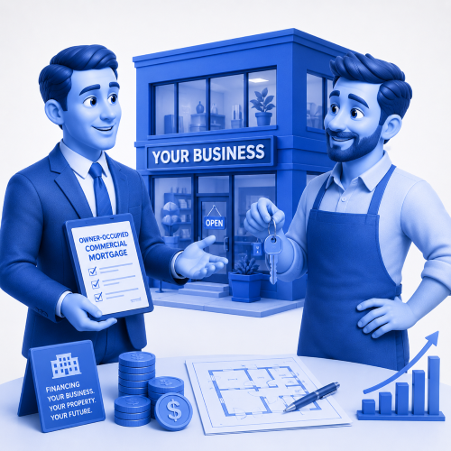 Owner-Occupied Commercial Mortgage Adviser Search showing a business owner receiving keys to their commercial premises from a mortgage adviser.