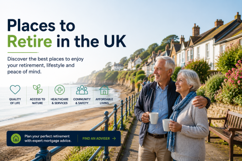 Places to Retire: Retired couple enjoying a peaceful UK coastal town with sea views, nature, healthcare, community and affordable living benefits.