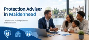 : Protection adviser in Maidenhead discussing life insurance, income protection and family cover with a young family near the River Thames