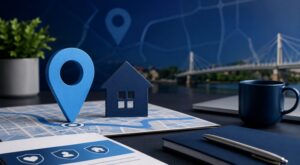 Protection Adviser in Maidenhead hero image showing a blue location pin and house icon on a map, with protection-themed documents, notebook, pen, mug and laptop in a modern dark blue office setting.