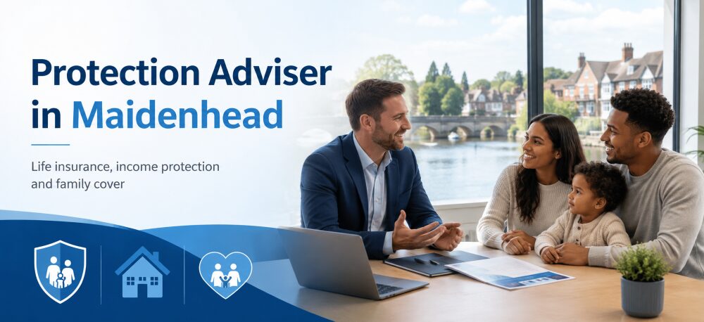 : Protection adviser in Maidenhead discussing life insurance, income protection and family cover with a young family near the River Thames