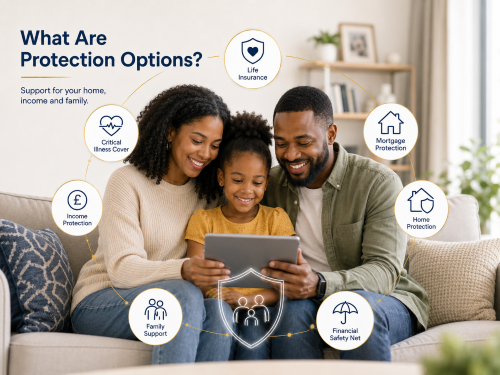 Family reviewing protection options at home, including life insurance, income protection, critical illness cover, mortgage protection, home protection, and family support.