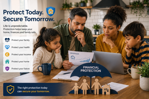 Family reviewing household budget and mortgage costs while considering protection advice if income, health, or family circumstances change.