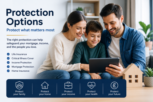 Family reviewing protection options at home, including life insurance, critical illness cover, income protection, mortgage protection, and home insurance.