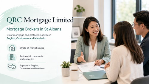QRC Mortgage Limited adviser discussing mortgage and protection options with clients in St Albans, with support in English, Cantonese and Mandarin.