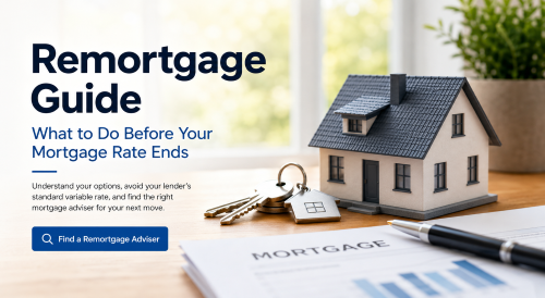 Remortgage guide UK hero image showing a model house, keys and mortgage documents with a call to find a remortgage adviser.