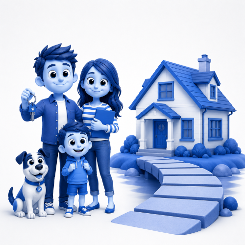 Residential Bridging Loan Adviser Search illustration showing a family, house keys, and a stepping-stone bridge leading to a home, representing clients looking for short-term residential bridging finance.