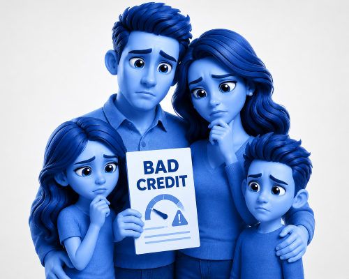 Residential Credit Issues Mortgage Adviser Search image of a concerned family holding a bad credit document, designed in a blue 3D cartoon style.