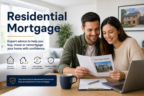 Residential mortgage advice for a couple reviewing homebuying documents in a bright living room.