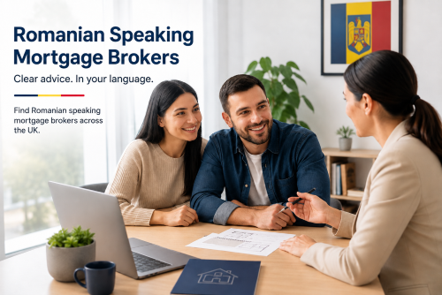 Romanian speaking broker advising clients in a UK office with Romanian flag artwork in the background.