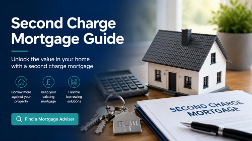Second charge mortgage guide hero image showing a model house, keys, calculator and mortgage documents with a prompt to find a mortgage adviser.